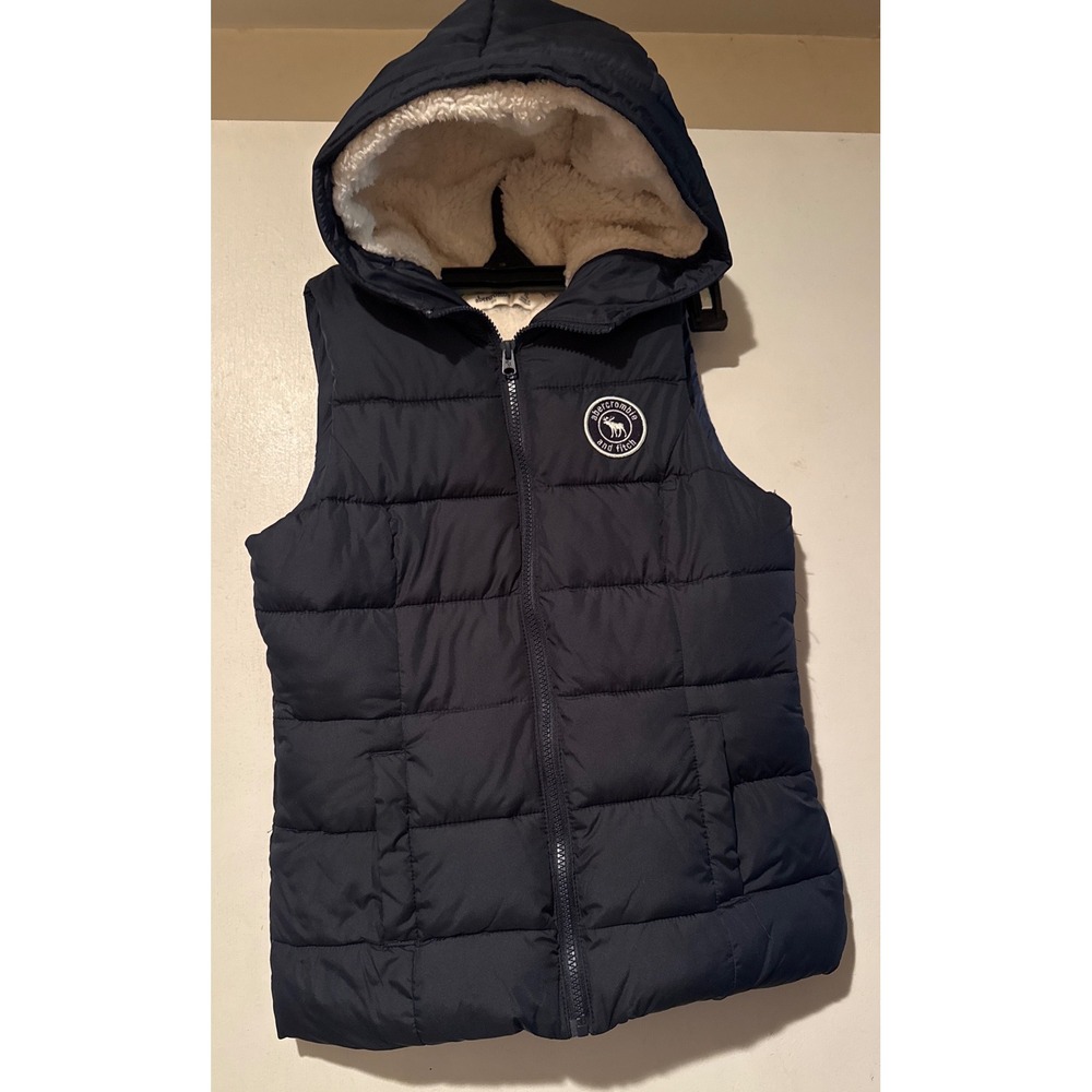 Abercrombie and Fitch Puffer Vest Sherpa Lined Hooded Padded Navy Blue Kids M